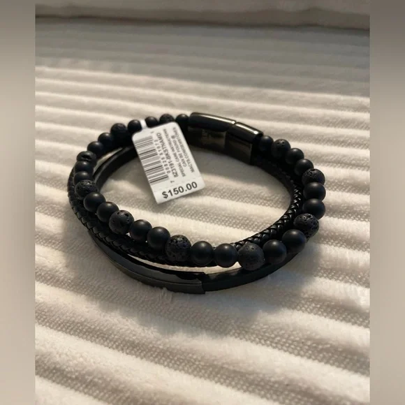 MEN'S ONYX&LAVA BEAD TRIPLE ROW BRAIDED LEATHER BRACELET BLACK ION-PLATED SS J47